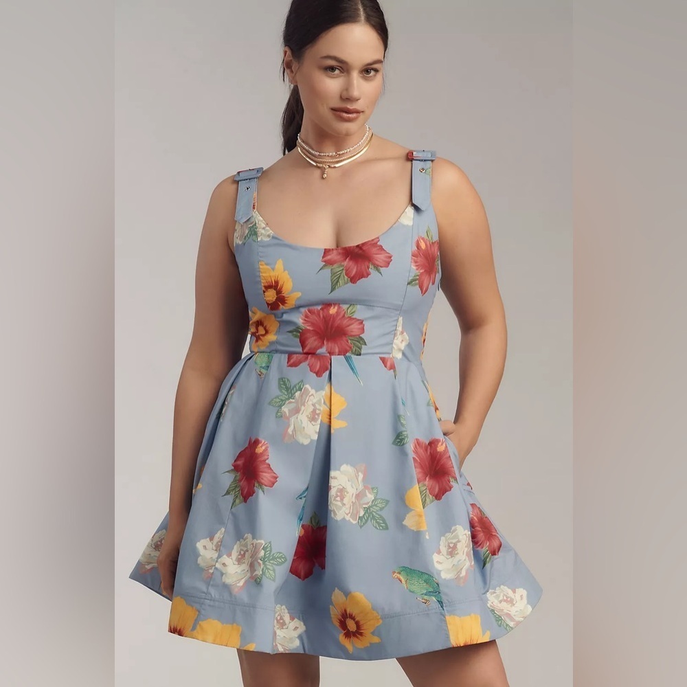 NWT Anthropologie Maeve Printed Scoop Neck Mini Dress Cotton Floral Boho Blue 2X